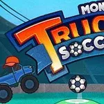 To blå monstertrucker spiller fotball med en ball mot en bakgrunn av et stadion, med teksten Monster Truck Soccer øverst