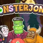 Tegneserieaktige monstre, inkludert en vampyr, en grønn skapning, og en hårete figur med horn, mot en skummel skogbakgrunn med teksten MONSTERJONG over dem