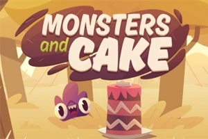Tegnet illustrasjon med teksten Monsters and Cake over et monster og en stor kake i en lys skogssetting
