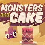 Tegnet illustrasjon med teksten Monsters and Cake over et monster og en stor kake i en lys skogssetting
