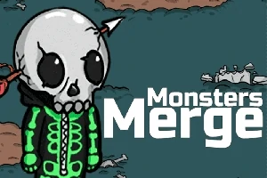 En tegneseriefigur med et skjelett-hode og en grønn hettegenser står foran en bakgrunn av bakken med beinfragmenter, ved siden av teksten Monsters Merge