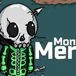 En tegneseriefigur med et skjelett-hode og en grønn hettegenser står foran en bakgrunn av bakken med beinfragmenter, ved siden av teksten Monsters Merge