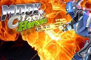 Robotfigur med futuristisk våpen foran flammer, med teksten Moon Clash Heroes i bakgrunnen
