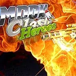 Robotfigur med futuristisk våpen foran flammer, med teksten Moon Clash Heroes i bakgrunnen