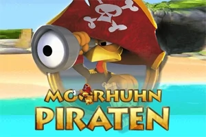 En tegneseriefugl utkledd som pirat ser gjennom en kikkert, med et rødt hodeskalleflagg i bakgrunnen og teksten Moorhuhn Piraten foran