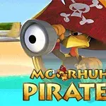 En tegneseriefugl utkledd som pirat ser gjennom en kikkert, med et rødt hodeskalleflagg i bakgrunnen og teksten Moorhuhn Piraten foran