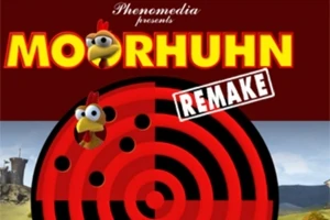 Plakat som viser ordet Remake og en animert kylling inne i en rød og svart sirkel med et landskap i bakgrunnen