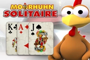 Tegneseriekylling ved siden av tre spillkort (Knekt, Ess, Konge) med teksten Moorhuhn Solitaire over