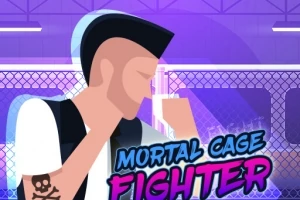 Animasjonsillustrasjon av en person med hanekam i kampstilling foran et bur med teksten Mortal Cage Fighter