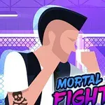 Animasjonsillustrasjon av en person med hanekam i kampstilling foran et bur med teksten Mortal Cage Fighter