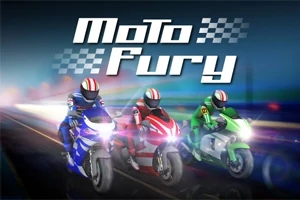 Tre motorsyklister i blå, rød og grønn drakt racer langs en motorvei under teksten Moto Fury