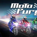 Tre motorsyklister i blå, rød og grønn drakt racer langs en motorvei under teksten Moto Fury