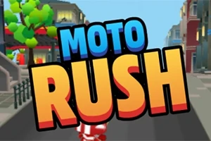 Fargerik urban scene med stor MOTO RUSH-tekst i forgrunnen