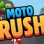 Fargerik urban scene med stor MOTO RUSH-tekst i forgrunnen