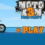 En animert figur på motorsykkel ved siden av teksten MOTO X3M POOL PARTY med en stor PLAY-knapp i oransje
