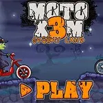 En heks på en scooter møter en skjelettsykkel med et gresskarhode under en fullmåne med teksten Play og Moto X3M Spooky Land