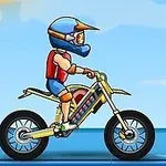 En tegnet person med hjelm og beskyttelsesutstyr kjører en motocrossykkel mot en bakgrunn med klar himmel