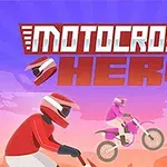 Illustrasjon av motocrosskjørere i fargerike hjelmer og drakter foran en lyseblå bakgrunn med teksten MOTOCROSS HERO