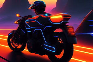 En futuristisk motorsykkel med lysende neonkonturer kjører på en lysende vei i et science fiction-aktig landskap ved solnedgang