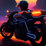En futuristisk motorsykkel med lysende neonkonturer kjører på en lysende vei i et science fiction-aktig landskap ved solnedgang