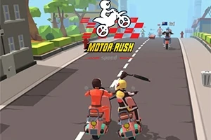 To motorsyklister kjører side om side på en vei i et fargerikt bymiljø, mens tittelen Motor Rush vises over