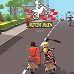 To motorsyklister kjører side om side på en vei i et fargerikt bymiljø, mens tittelen Motor Rush vises over