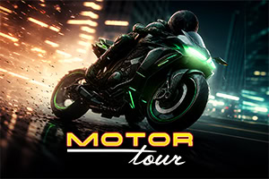 Futuristisk motorsykkel med grønt lys som kjører gjennom en bygate med gnister og teksten «MOTOR tour»