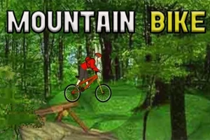 En syklist i rødt utstyr som sykler på en sti i en skog med teksten MOUNTAIN BIKE øverst