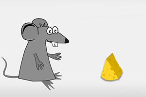 Tegneseriemus med store øyne ser på en gul ostebit