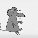Tegneseriemus med store øyne ser på en gul ostebit