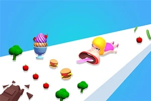 En animert figur med stort åpen munn krabber langs en sti med ulike matvarer som is, hamburgere, sjokolade, epler, brokkoli og agurker