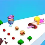 En animert figur med stort åpen munn krabber langs en sti med ulike matvarer som is, hamburgere, sjokolade, epler, brokkoli og agurker
