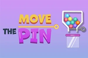 Teksten Move the Pin i fargerike bokstaver ved siden av en beholder med fargerike kuler