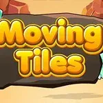 Tittel med teksten Moving Tiles i lyse gule bokstaver på en steinbakgrunn, omgitt av krystaller og en ørkendekorasjon