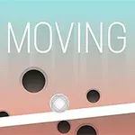 Tekst MOVING UP med en hvit linje og en ball som balanserer over sorte hull på en gradert bakgrunn fra blå til rosa