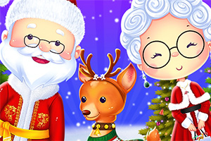 En illustrasjon som viser en smilende mann i nissedrakt, en kvinne med krøllete hvitt hår og briller, samt en reinsdyrfigur foran et juletre med snøflak i bakgrunnen