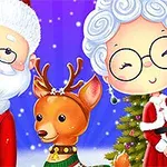 En illustrasjon som viser en smilende mann i nissedrakt, en kvinne med krøllete hvitt hår og briller, samt en reinsdyrfigur foran et juletre med snøflak i bakgrunnen