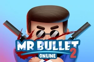 En tegnet figur med briller og to pistoler bak hodet, med teksten MR BULLET 2 ONLINE i forgrunnen