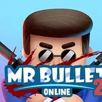 En tegnet figur med briller og to pistoler bak hodet, med teksten MR BULLET 2 ONLINE i forgrunnen