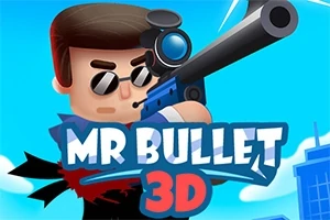 En animert figur med solbriller holder et stort gevær foran blå himmel og bygninger, med teksten MR BULLET 3D i forgrunnen