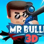 En animert figur med solbriller holder et stort gevær foran blå himmel og bygninger, med teksten MR BULLET 3D i forgrunnen