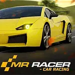 En skinnende gul sportsbil kjører raskt langs en vei med teksten MR RACER - CAR RACING i forgrunnen