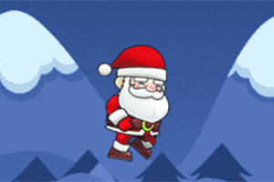 En illustrasjon av julenissen som flyr på en jetpack mot en bakgrunn av snødekte fjell