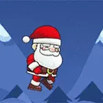 En illustrasjon av julenissen som flyr på en jetpack mot en bakgrunn av snødekte fjell