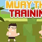 To anfigurer trener Muay Thai i en tegnet jungelomgivelse med store bokstaver som sier Muay Thai Training øverst
