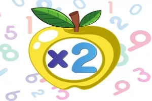En gul epleillustrasjon med x2 i midten, omgitt av fargerike tall