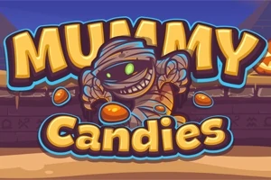 Tegneseriemumie med godteri og teksten Mummy Candies i fargerik skrift