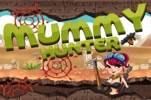Tegneserieaktig scene med stor tekst MUMMY HUNTER, en kvinnelig karakter med våpen, ørkenbakgrunn og hieroglyfer i forgrunnen