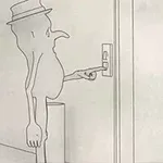 En tegnet figur med hatt trykker på knappen til en dør