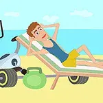 En tegnet mann ligger avslappet på en solseng på stranden omgitt av treningsutstyr